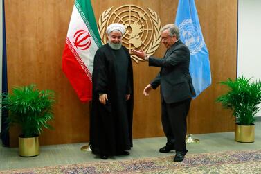 Iran's President Hassan Rouhani meets with United Nations Secretary General Antonio Guterres on the sidelines of the 74th session of the United Nations General Assembly at U.N. headquarters in New York City, New York, U.S., September 25, 2019. REUTERS/Yana Paskova