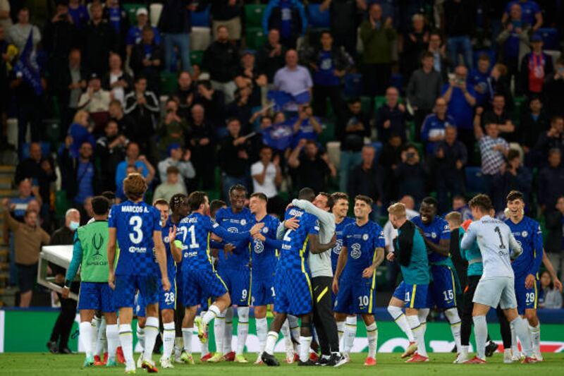 Chelsea goalkeeper Kepa Arrizabalaga celebrates victory after saving the last Villarreal penalty during the Uefa Super Cup Final at Windsor Park on August 11, 2021 in Belfast, Northern Ireland.