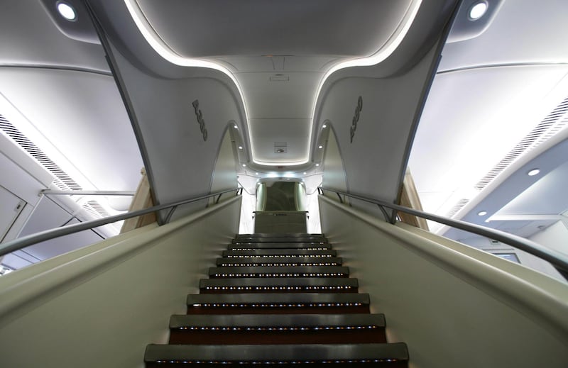 The interior stairs that connect the two passenger decks of an Airbus A380 are shown during a press tour of the new plane at New York's Kennedy International Airport. European plane maker Airbus said, that it will stop making its superjumbo A380 in 2021 for lack of customers, abandoning the world's biggest passenger jet and one of the aviation industry's most ambitious and most troubled endeavors. AP Photo