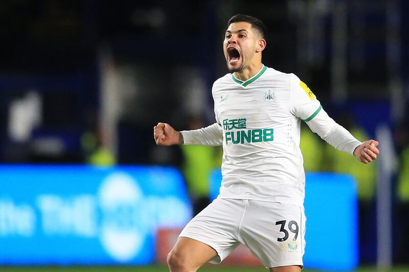 Newcastle's Brazilian midfielder Bruno Guimaraes celebrates his goal but there was no comeback for the Magpies, who lost 2-1. AFP