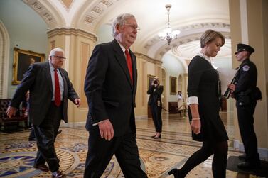 Senate Majority Leader Mitch McConnell (C) leaves the Senate floor following the first full day of the impeachment trial at the US Capitol in Washington, DC, 21 January 2020. EPA