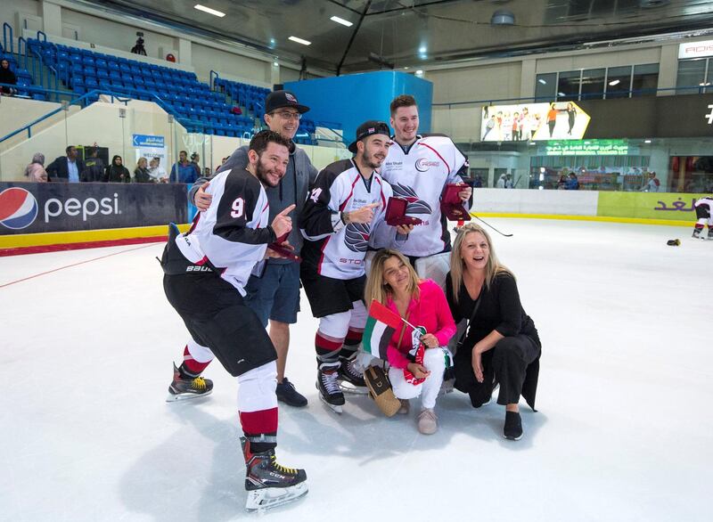 ABU DHABI, UNITED ARAB EMIRATES - AD storms team celebrating their win with their fans at the AD Storms vs Belarus final game at the Ice Hockey President Cup 2018, Zayed Sport City Ice Rink, Abu Dhabi.  Leslie Pableo for The National