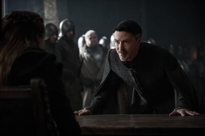 This image released by HBO shows Aiden Gillen in a scene from the season finale of "Game of Thrones." The series set yet another audience record Sunday with its seventh-season finale. Nielsen says an all-time high of 12.1 million viewers were tuned in to the wildly popular fantasy drama. An additional 4 million caught the episode on streaming channels. (Helen Sloan/HBO via AP)