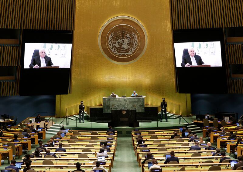 Palestinian President Mahmoud Abbas delivers a remote speech at the UN General Assembly. EPA