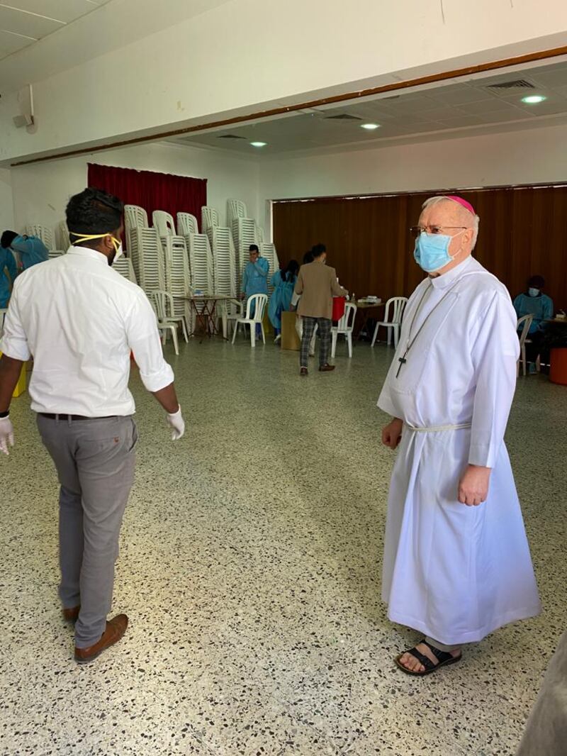 Bishop Paul Hinder oversees the vaccination drive at St Joseph's Church.