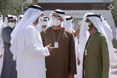Sheikh Mohammed bin Rashid, Sheikh Mohamed bin Zayed and Mohammed Al Gergawi speak during the government retreat. Courtesy: Dubai Media Office