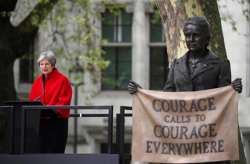 Britain's Prime Minister Theresa May speaks at the unveiling of the statue of suffragist Millicent Fawcett on Parliament Square, in London, Britain, April 24, 2018. REUTERS/Hannah McKay     TPX IMAGES OF THE DAY