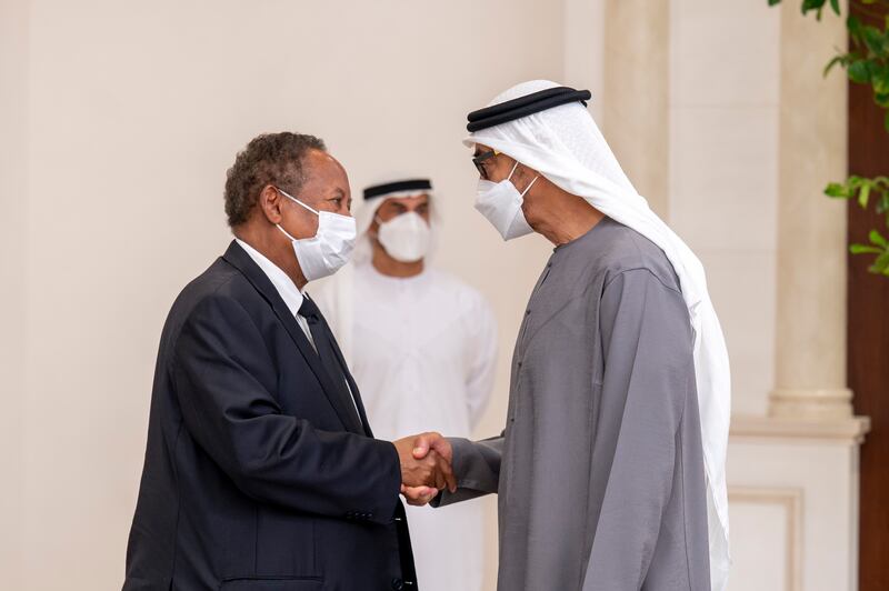 Dr Abdalla Hamdok, former prime minister of Sudan, offers condolences to the President, Sheikh Mohamed. Mohamed Al Hammadi / Ministry of Presidential Affairs