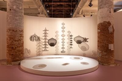 In this section focused on organic forms, is an installation by Ruth Asawa titled 'A Leaf a Gourd a Shell a Net a Bag a Sling a Sack a Bottle a Pot a Box a Container'. Photo: Roberto Marossi