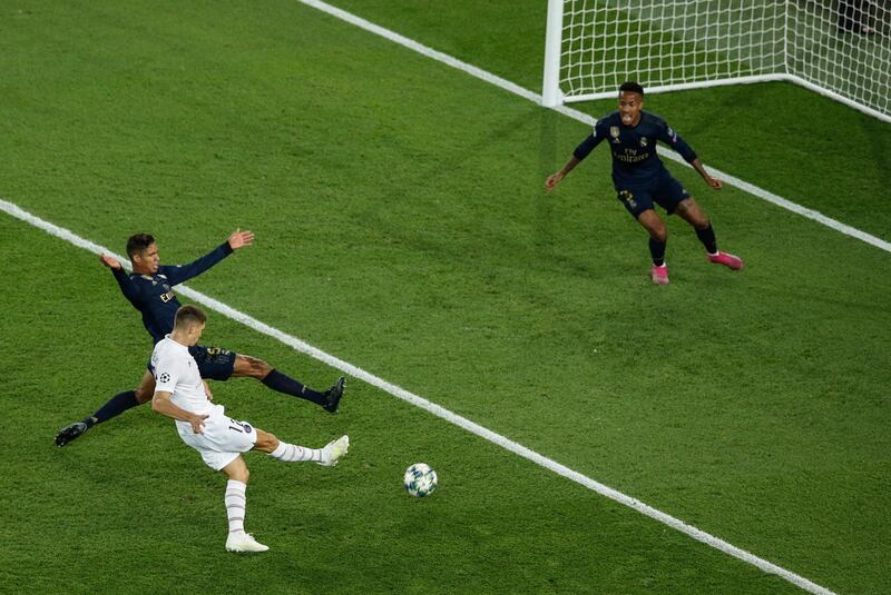 PSG's Thomas Meunier scores to make it 3-0. EPA