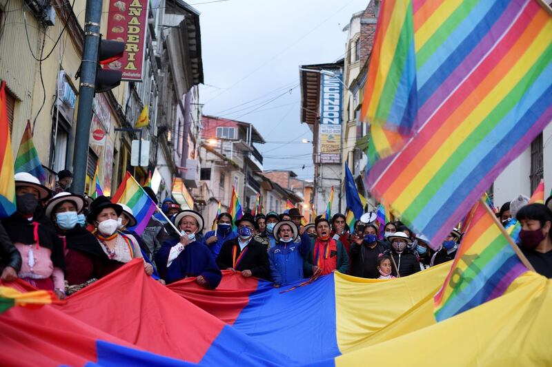 Supporters of Ecuador's presidential candidate Yaku Perez march in Canar province to demand a recount of votes cast during the February 7 election. Reuters