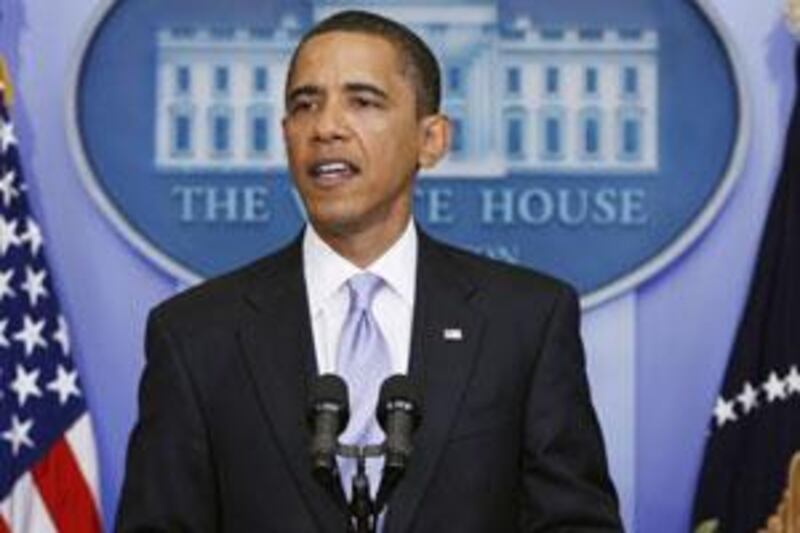 Barack Obama addresses a news conference in the Brady Press Briefing Room of the White House.