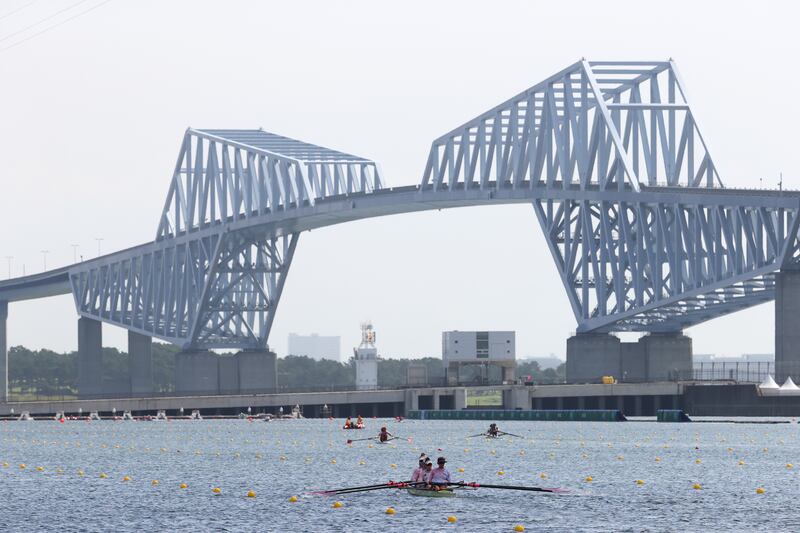 The United States rowing team during a training session on the Sea Forest Waterway on Sunday, July 18, ahead of the Tokyo Olympics.