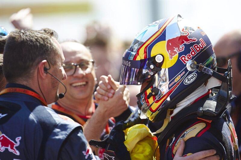 Dutch Formula One driver Max Verstappen (R) of Red Bull Racing celebrates with his teammates after winning the Spanish Formula One Grand Prix at the Barcelona-Catalunya circuit in Montmelo, Barcelona, Spain, 15 May 2016.  EPA/ALEJANDRO GARCIA