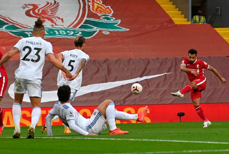 Mohamed Salah of Liverpool scores his team's third goal. Getty