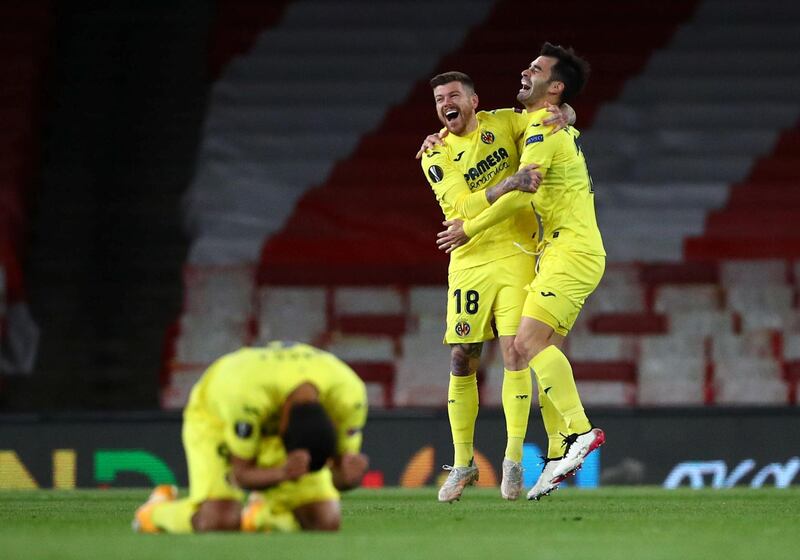 Villarreal players celebrate after their Europa League semi-final second leg against Arsenal at the Emirates Stadium on Thursday, May 6. The match finished goalless but Villarreal went through 2-1 on aggregate. Reuters