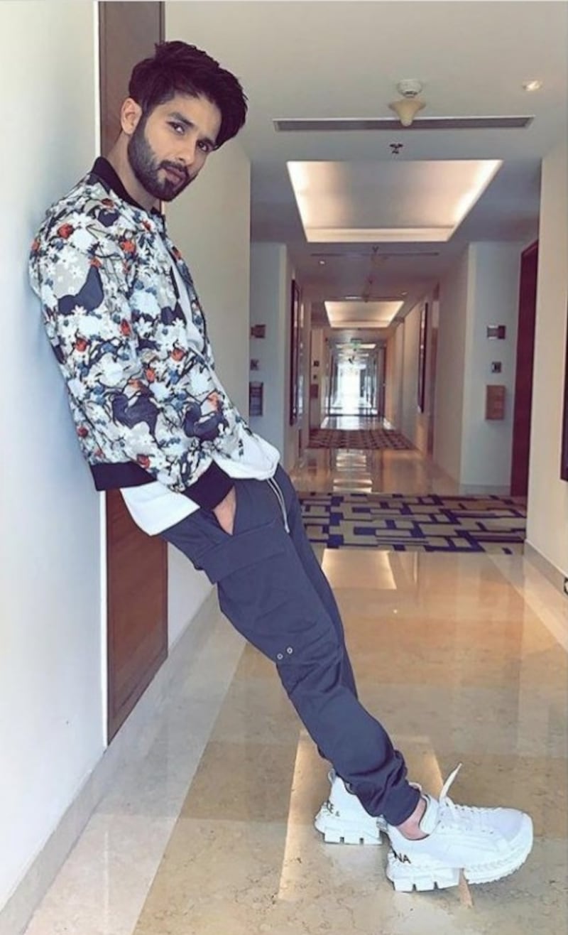 Shahid Kapoor works a zip-through jacket, sweatpants and Dolce & Gabbana sneakers. Courtesy Instagram