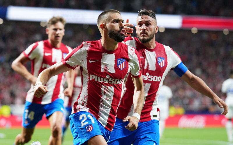 MADRID, SPAIN - MAY 08: Yannick Ferreira Carrasco of Atletico Madrid celebrates scoring their side's first goal from a penalty during the La Liga Santander match between Club Atletico de Madrid and Real Madrid CF at Estadio Wanda Metropolitano on May 08, 2022 in Madrid, Spain. (Photo by Juan Manuel Serrano Arce / Getty Images)