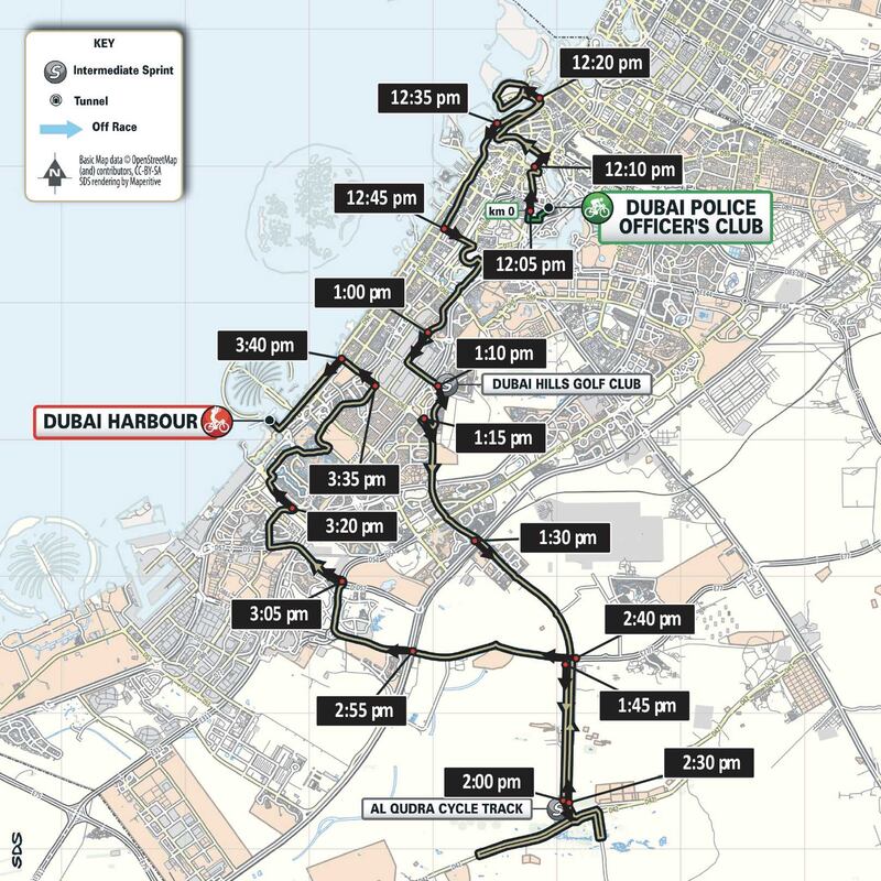 Stage 4: Dubai Stage road closures on Thursday, February 22. Photo: UAE Tour