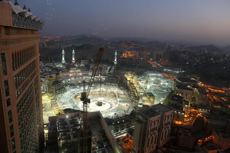 The sun sets at the site of the Grand Mosque in the city of Makkah, Saudi Arabia. AP