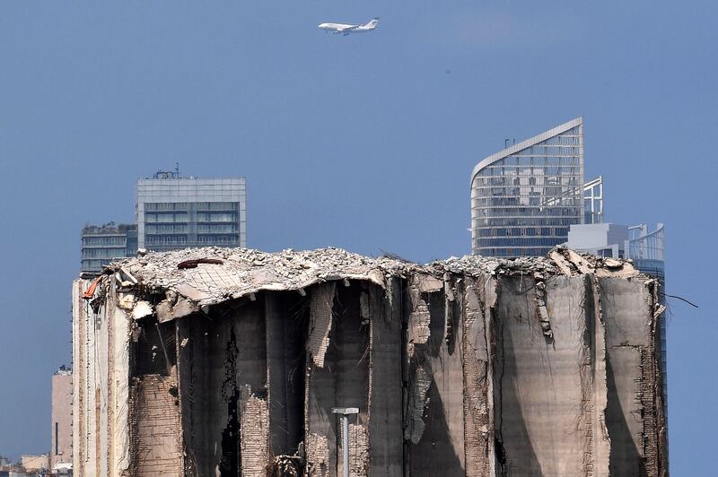 A view of the wheat silos in Beirut destroyed by the huge blast that hit the city's port on August 4, 2020, ahead of the third anniversary of the explosion. EPA