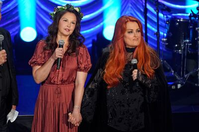Actress Ashley Judd and singer Wynonna Judd at a tribute for their mother, country music star Naomi Judd, in Nashville. AP