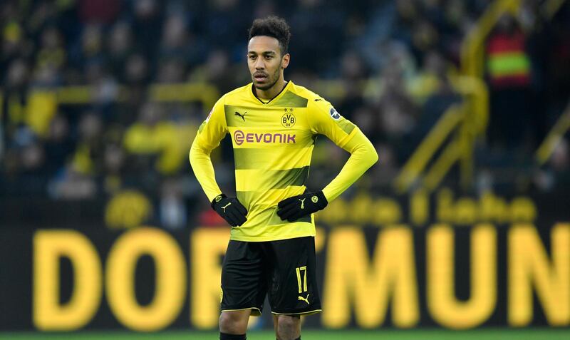 Dortmund's Pierre-Emerick Aubameyang watches disappointed during the German Bundesliga soccer match between Borussia Dortmund and SC Freiburg in Dortmund, Germany, Saturday, Jan. 27, 2018. The match ended 2-2. (AP Photo/Martin Meissner)