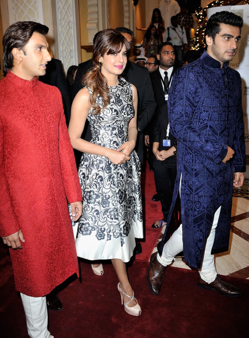 DUBAI, UNITED ARAB EMIRATES - DECEMBER 13:  Ranveer Singh, Priyanka Chopra and Arjun Kapoor attend the "Gunday" In Conversation during day eight of the 10th Annual Dubai International Film Festival held at the Madinat Jumeriah Complex on December 13, 2013 in Dubai, United Arab Emirates.  (Photo by Gareth Cattermole/Getty Images for DIFF)