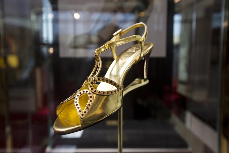 A reproduction of the 1953 coronation shoes for Queen Elizabeth II at the Roger Vivier Icons Connected exhibition at The Galleria Mall on Al Maryah Island, Abu Dhabi. Christopher Pike / The National