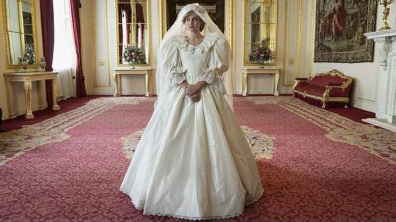 Emma Corrin in a replica of Princess Diana's wedding dress for season four of 'The Crown'. Instagram / Emma Corrin
