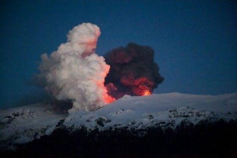 The eruption of the Eyjafjallajokull volcana in Iceland disrupted air travel across Europe for almost a week in April last year. Halldor Kolbeins / AFP