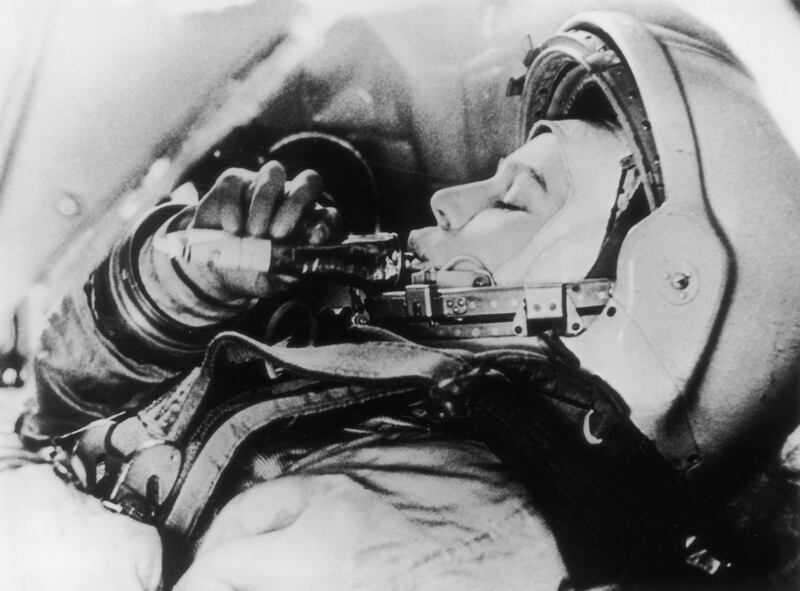 Russian astronaut Valentina Tereshkova practises feeding in simulated flight conditions for her flight as the first woman in space on the Vostok VI mission.   (Photo by Keystone/Getty Images) *** Local Caption ***  wk10ap-oasis-tereshkova.jpg