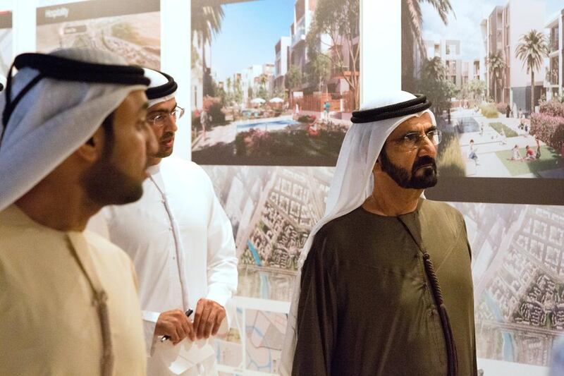 Sheikh Mohammed discusses the project at the launch event. Duncan Chard for the National.