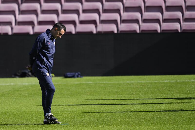 Barcelona manager Xavi Hernandez leads a training session. EPA