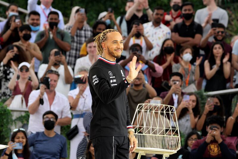Lewis Hamilton interacted with fans at Expo 2020 Dubai on March 14, 2022. AFP