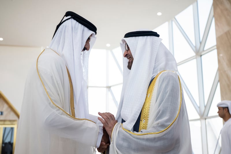 President Sheikh Mohamed is received by Qatari Emir Sheikh Tamim in Doha. Mohamed Al Hammadi / Presidential Court