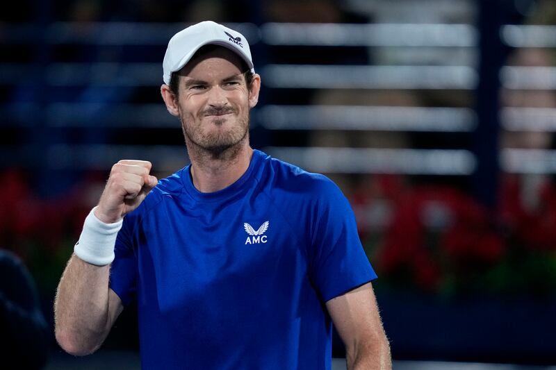 Andy Murray celebrates after beating Denis Shapovalov in three sets at the Dubai Duty Free Tennis Championships on February 26, 2024. AP