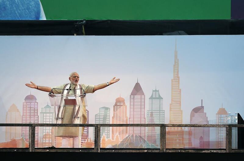 Mr Modi speaking at the Dubai International Cricket Stadium. Pawan Singh / The National