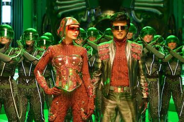 Amy Jackson and Rajinikanth in 2.0.