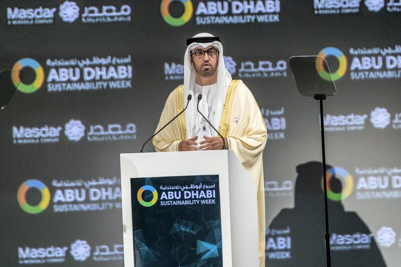 ABU DHABI, UNITED ARAB EMIRATES. 13 JANUARY 2020. The Zayed Sustainability Awards held at ADNEC as part of Abu Dhabi Sustainability Week. H.E. Dr Sultan Ahmed Al Jaber, UAE Minister of State, Chairman of Masdar. (Photo: Antonie Robertson/The National) Journalist: Kelly Clarker. Section: National.

