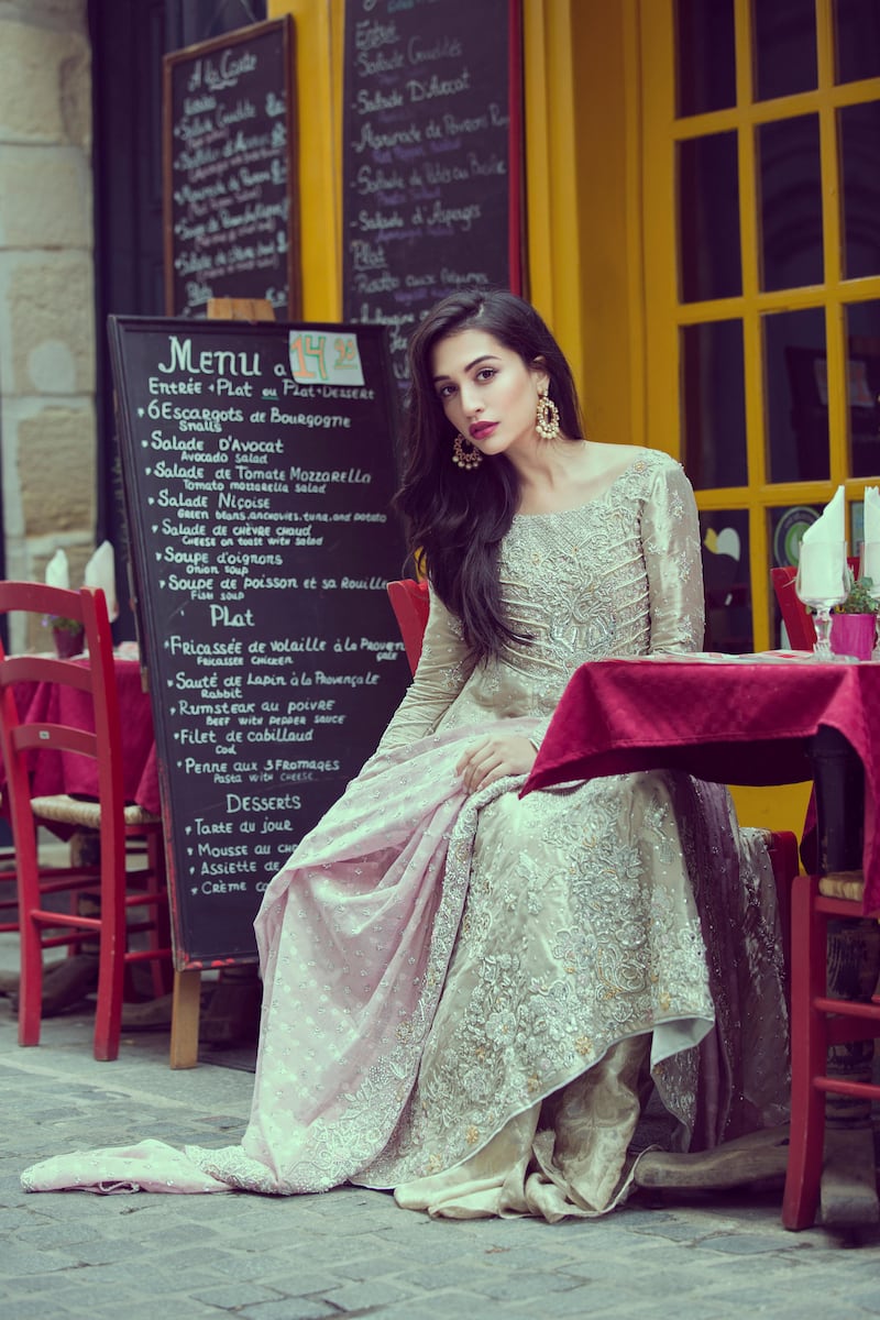 Sana Ansari models designs by Pakistani label Ansab Jahangir in Paris. Courtesy Muzi Sufi