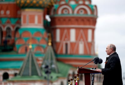 Russian President Vladimir Putin delivers a speech during a military parade on Victory Day, which marks the 76th anniversary of the victory over Nazi Germany in World War Two, in Red Square, Moscow, Russia May 9, 2021. Reuters