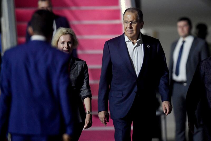 Russia's Foreign Minister Sergey Lavrov (R) arrives to attend the G20 summit. AFP