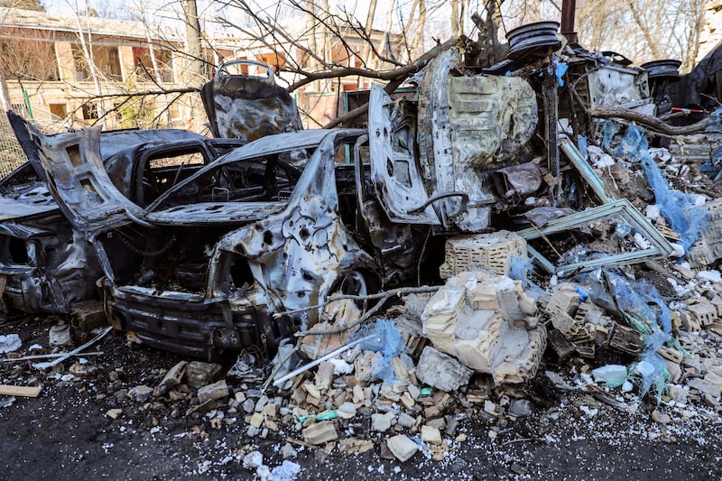 Destroyed cars hit by shelling in Kyiv. EPA