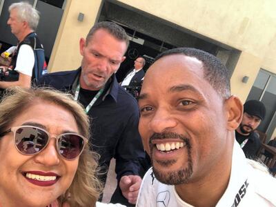 Fan Ana Hill managed to snap a picture with Will Smith in the Abu Dhabi Grand Prix Paddock Club on Sunday. Courtesy Ana Hill 