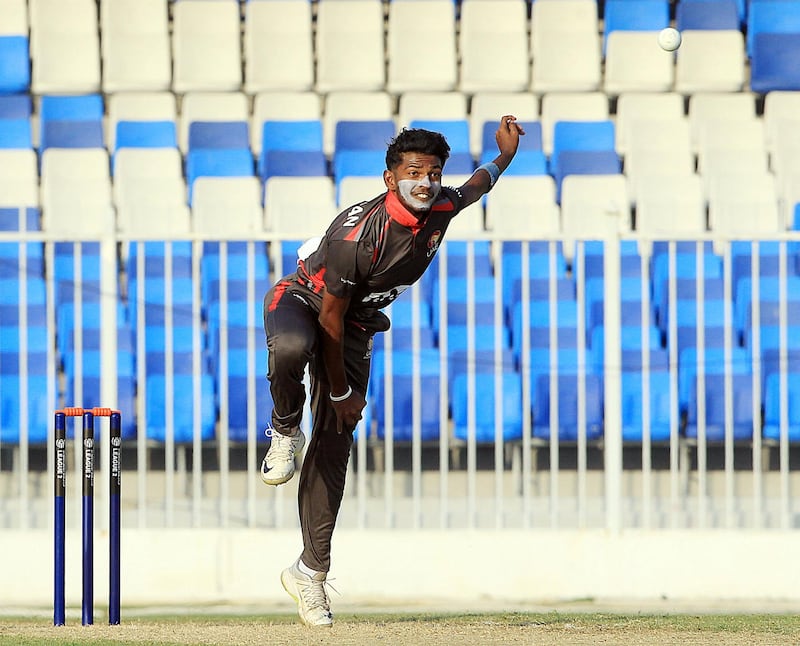 Sharjah, December, 08 2019: Karthik Meiyappan of UAE in action against USA during the ICC Men's Cricket World Cup League 2 match at the Sharjah Cricket Stadium in Sharjah . Satish Kumar/ For the National / Story by Paul Radley