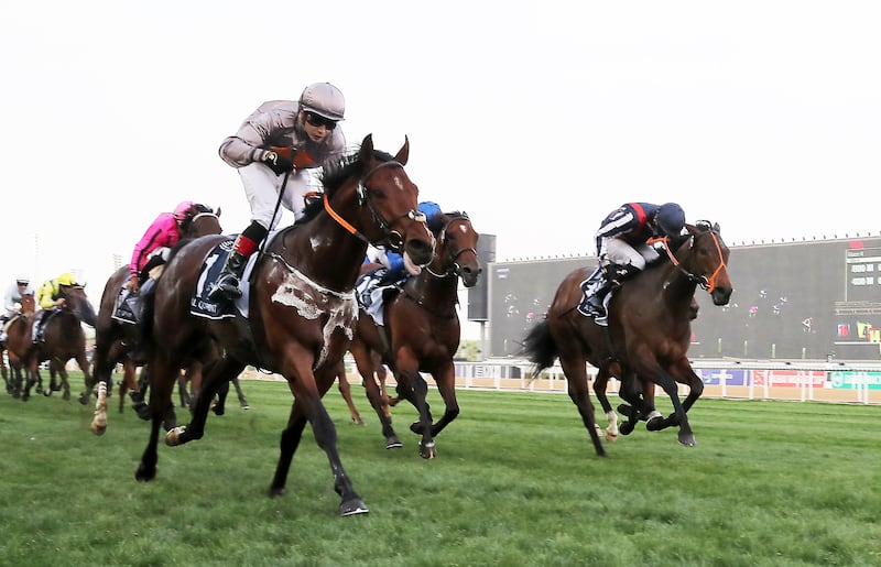 Ronan Whelan, left, guides A Case of You to victory in the Al Quoz Sprint at Meydan Racecourse on Saturday, March 26, 2022 Pawan Singh / The National 