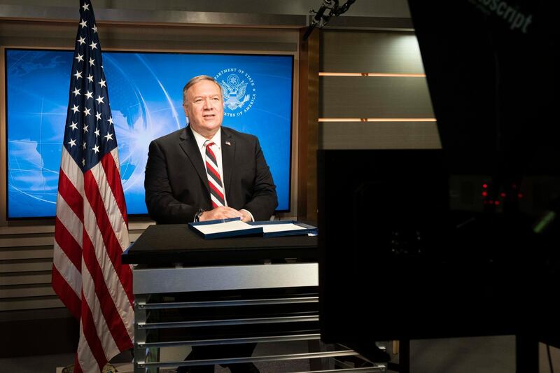 Secretary of State Michael R. Pompeo  delivers remarks at the virtual launch of the inaugural U.S.-UAE Strategic Dialogue, at the Department of State, on October 20, 2020. Courtesy US State Department