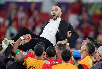 Manager Walid Regragui celebrates after Morocco's victory over Portugal at the Qatar World Cup. EPA