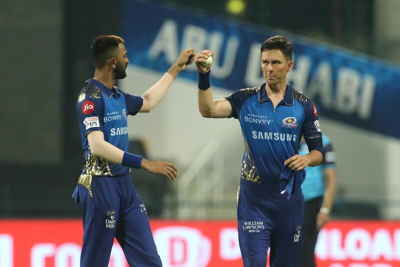 Trent Boult of Mumbai Indians and Krunal Pandya of Mumbai Indians  celebrates the wicket of Nikhil Naik of Kolkata Knight Riders during match 5 of season 13 of the Dream 11 Indian Premier League (IPL) between the Kolkata Knight Riders and the Mumbai Indians held at the Sheikh Zayed Stadium, Abu Dhabi  in the United Arab Emirates on the 23rd September 2020.  Photo by: Vipin Pawar  / Sportzpics for BCCI